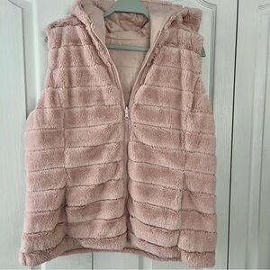 New York & Company Womens Vest XL Faux Fur Pink Reversible Puffer Hooded